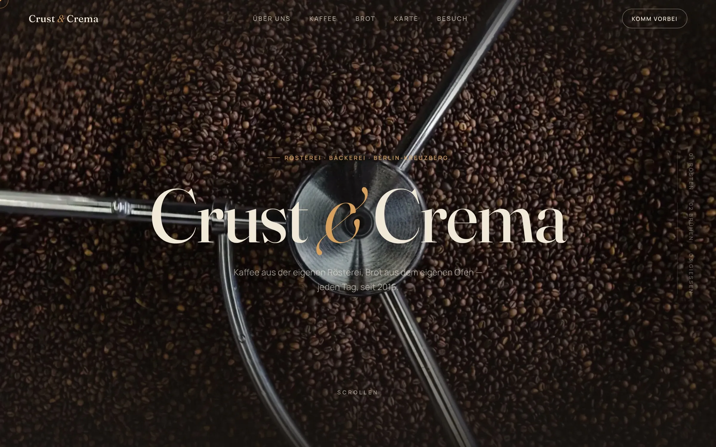 Homepage of the Crust & Crema demo project: wordmark over a close-up of coffee beans in a roaster