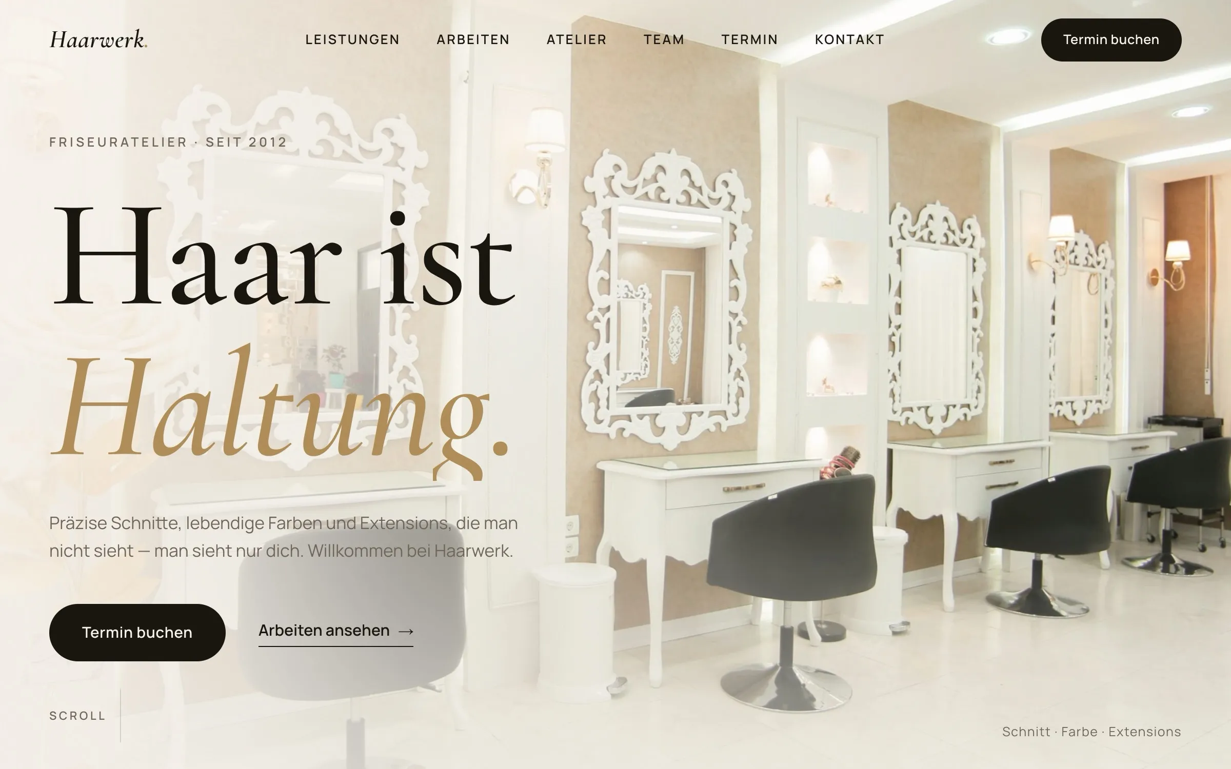 Homepage of the Haarwerk demo project: headline “Haar ist Haltung.” over a bright, minimalist photo of the salon interior with white baroque mirrors and styling stations