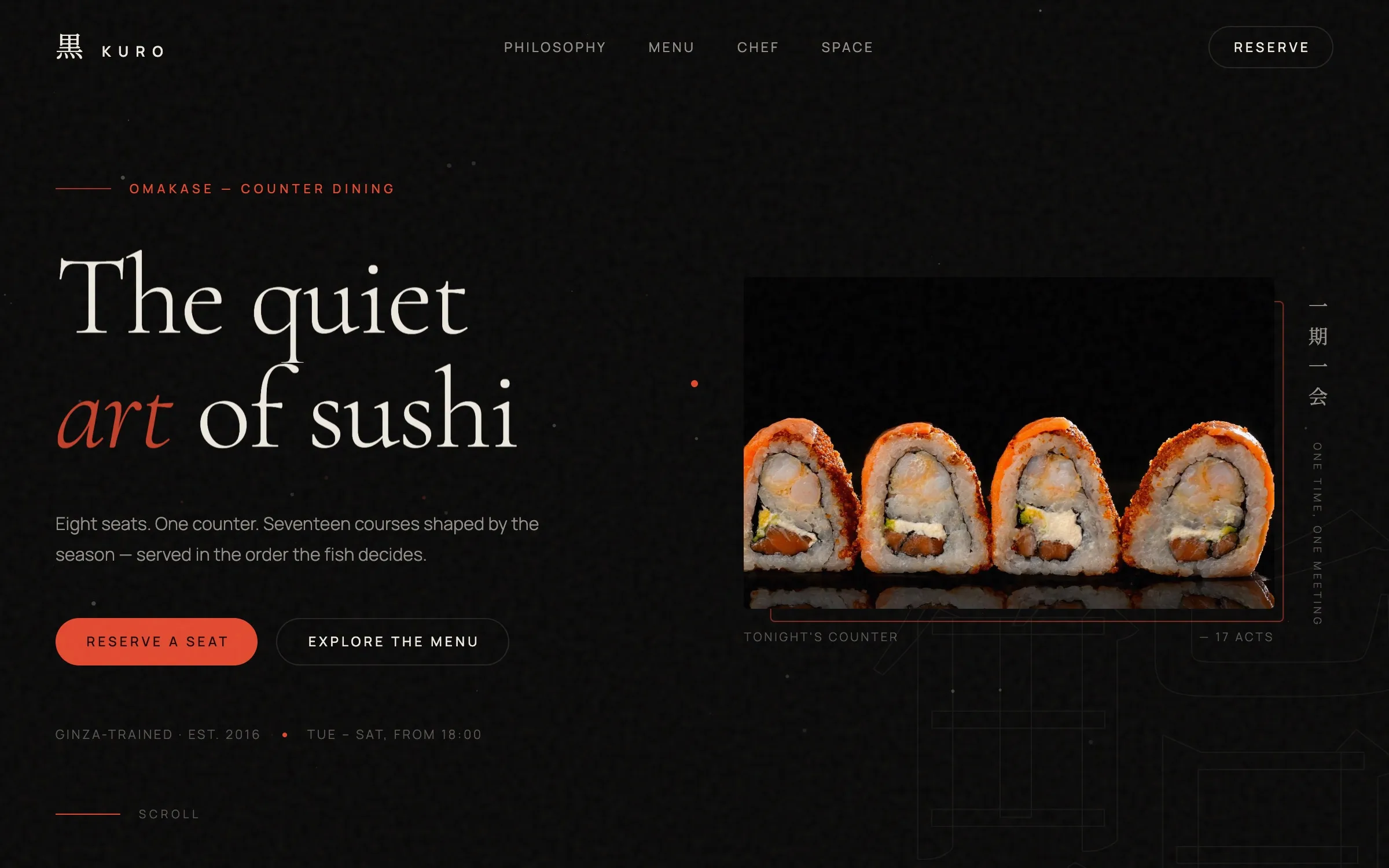 Homepage of the KURO demo project: light serif headline “The quiet art of sushi” on a dark background beside a close-up of sushi rolls