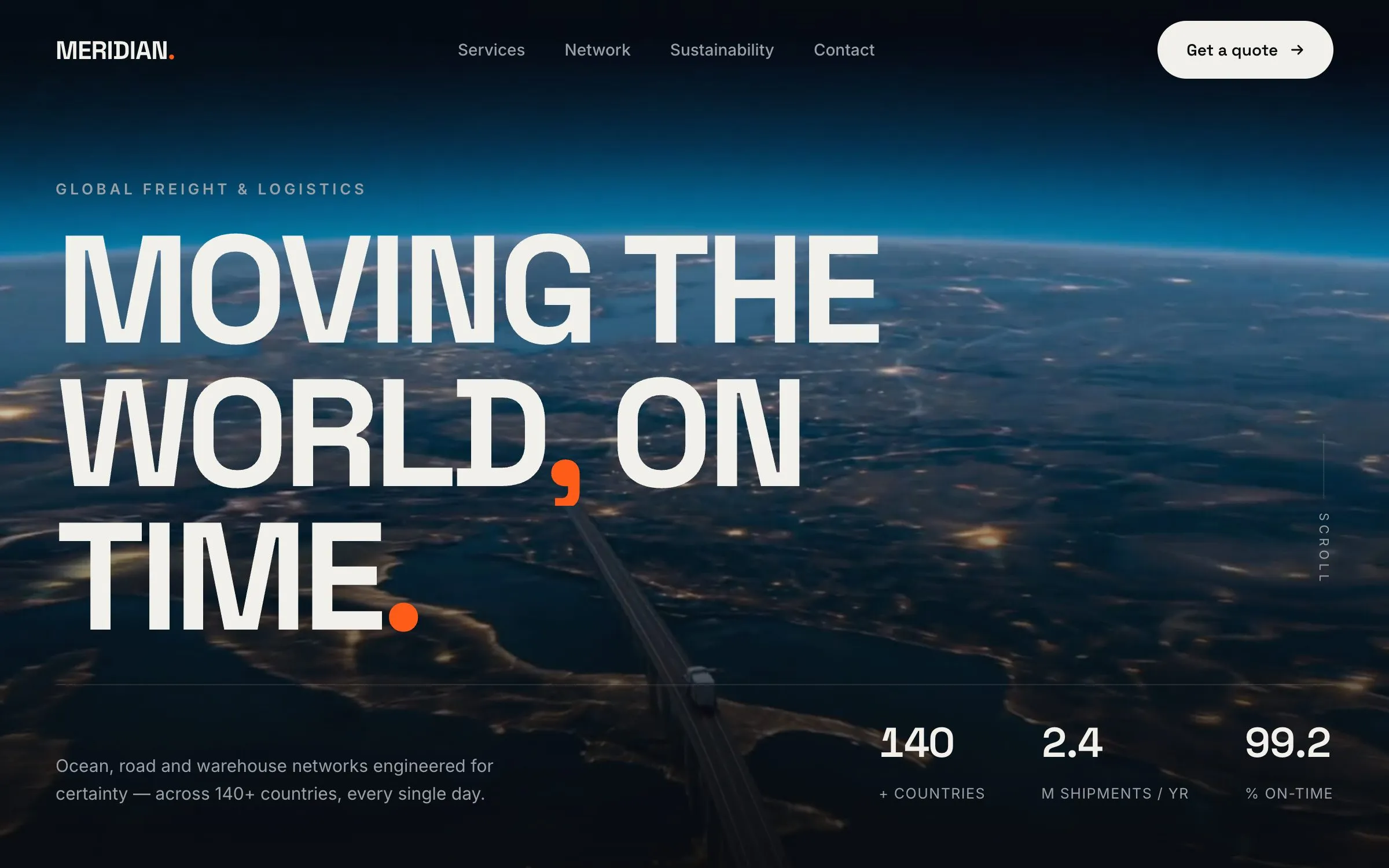 Homepage of the Meridian demo project: large headline “Moving the world, on time.” over a nighttime aerial view of Earth with city lights and a bridge